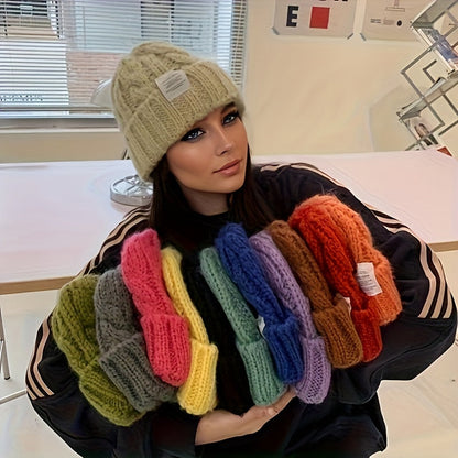 2 Pack Winter Knit Beanies for Women Men, Candy-Colored Chunky Cable Knit Warm Hats with Ear Protection, Loose Fit Slouchy Beanie for Outdoor Street Wear Cold Weather