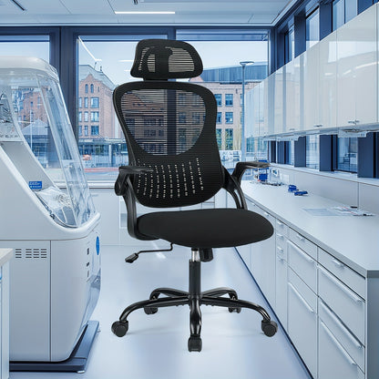 Ergonomic High Back Mesh Office Chair with Adjustable Headrest, Lumbar Support & Flip-Up Armrests – Stainless Steel Frame, Padded Seat, 5-Wheel Rolling Base – Home Office, Lab & Desk Chair (Black/Gray)