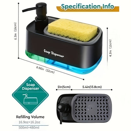 2-in-1 Soap Dispenser with Built-In Sponge Holder for Kitchen Sink – Countertop Pump Dispenser for Hand & Dish Soap, Detergent Dispenser, Easy Refill, Ideal Kitchen Organizer