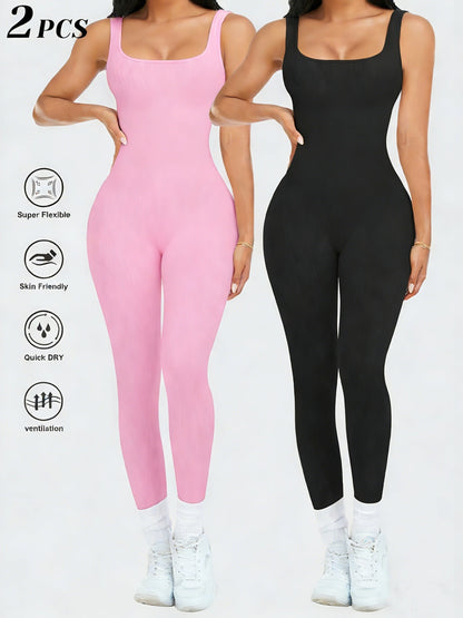 2-Pack Women's Sleeveless Square Neck Long Jumpsuit - 90% Nylon Thick Stretchy Impermeable Activewear Bodysuit for Yoga Pilates Running Fitness, Washable One-Piece Workout Suit Sizes S-XL