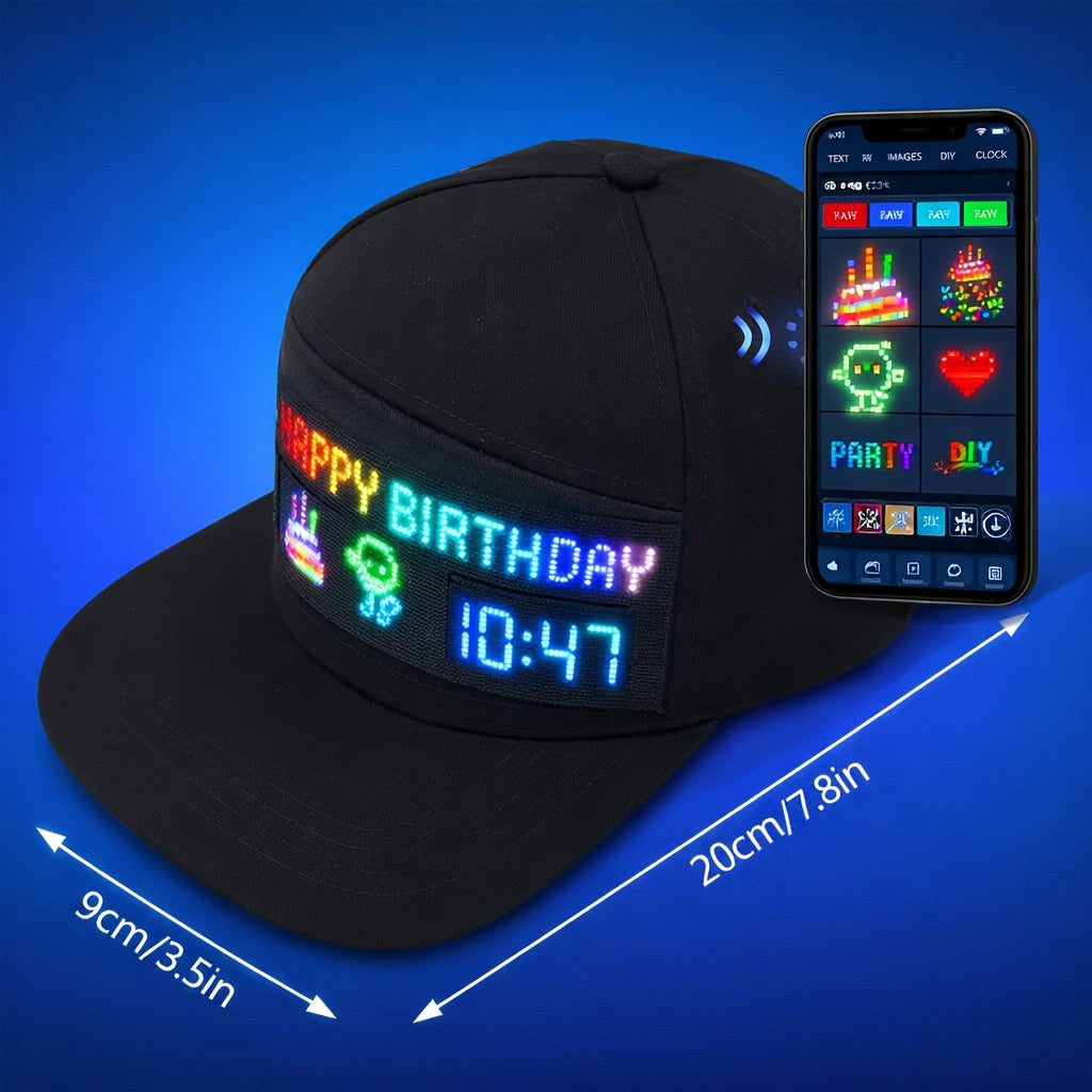 Programmable LED Light-Up Baseball Cap – Bluetooth App Scrolling Text & Animation, Rechargeable Flashing Hat for Parties Music Festivals Night Runs, Adjustable Teens Gift
