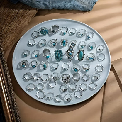 44pcs Vintage Turquoise Boho Stacking Rings Set for Women – Stackable Bohemian Style Rings Bulk Pack for Daily Wear, Vacation, Party & Holiday Gifts