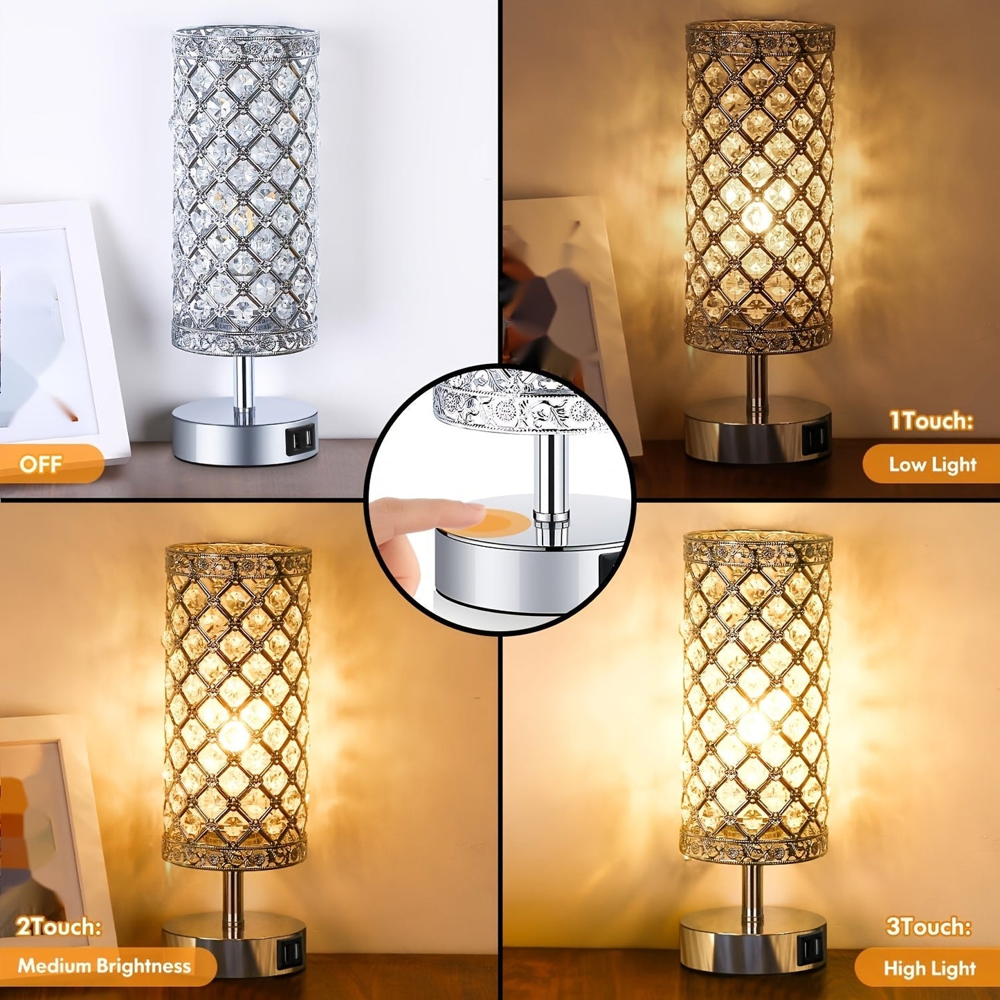 Crystal Touch Table Lamp 3-Way Dimmable with 2 USB Charging Ports LED Bulb Included Decorative Bedside Nightstand Light for Bedroom Living Room Office – Antique Bronze Rose Gold Silver
