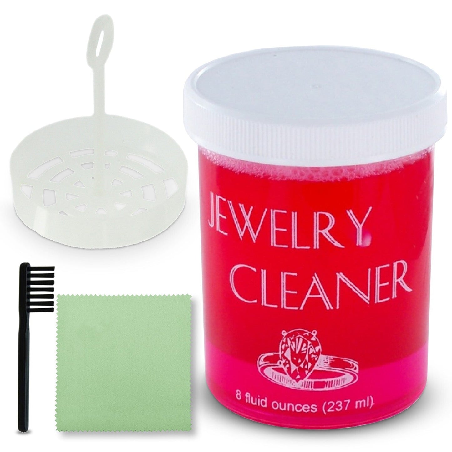 Jewelry Cleaner 8 fl oz for Gold, Silver & Platinum – Fast-Acting Dip Formula, Includes Strainer Basket, Cleaning Brush & Microfiber Cloth – Safe for Stones & Pearls