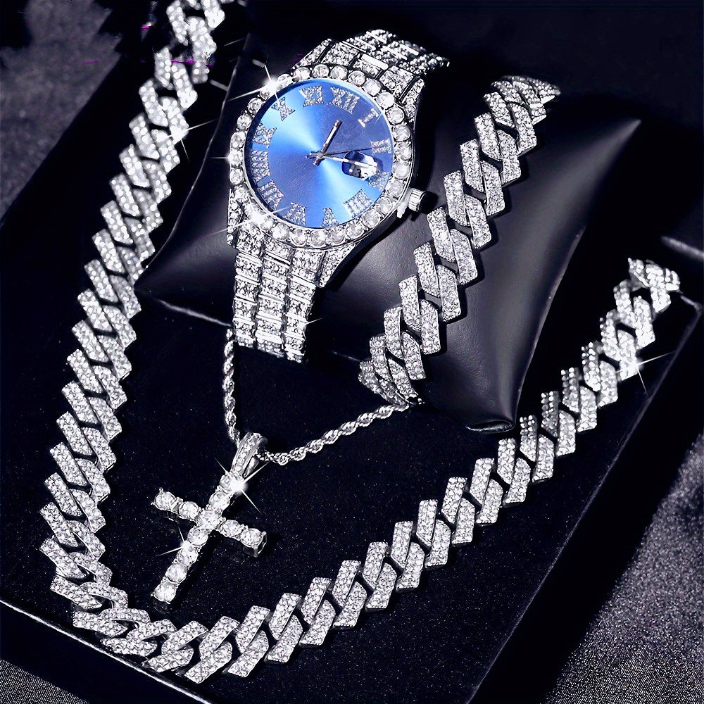 Luxury Cuban Link Jewelry Set for Men & Women – Necklace, Bracelet, Pendant & Wristwatch Full Set, Multiple Colors, Perfect Valentine’s Day, Christmas & Birthday Gift