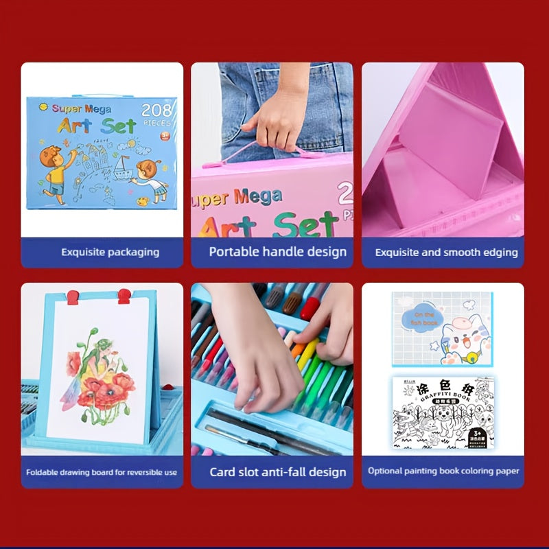 228 Pcs Kids Art Painting Set with Easel, Complete Beginner Drawing Kit for Children Ages 3-12, Includes Sketchbook, Coloring Book, Acrylic Markers, Watercolor Pens, Oil Pastels, Colored Pencils & Eraser
