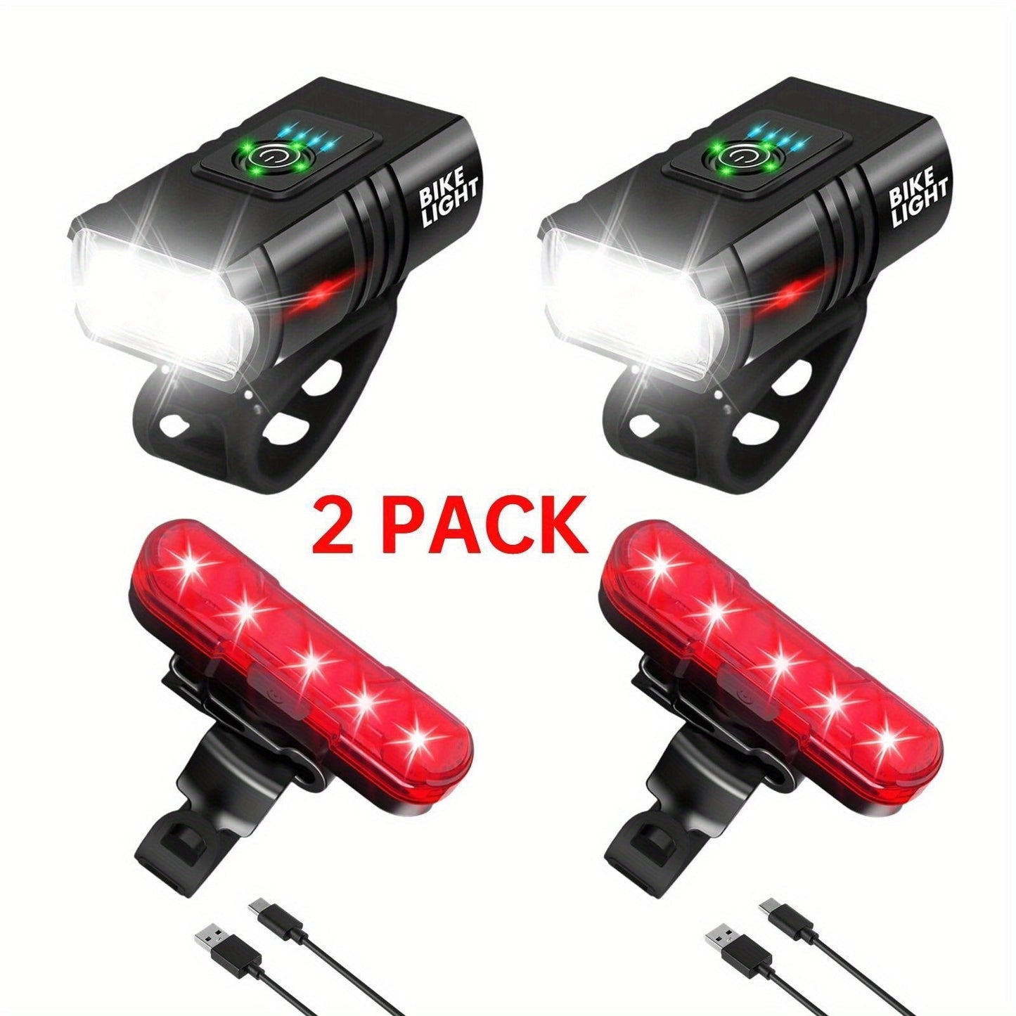 LED Bike Light Set USB-C Rechargeable 1500 Lumen – Front & Rear Bicycle Lights, 6+4 Modes, Waterproof, Power Display, Fast Charging, Safe Night Cycling Light for Road Mountain Bike