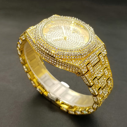MISS FOX Glam Quartz Watch – Hip Hop Cuban Link, Rhinestone Accents, Luminous Calendar, Alloy Band, Unisex Luxury Fashion Watch for Men & Women, Silver & Gold