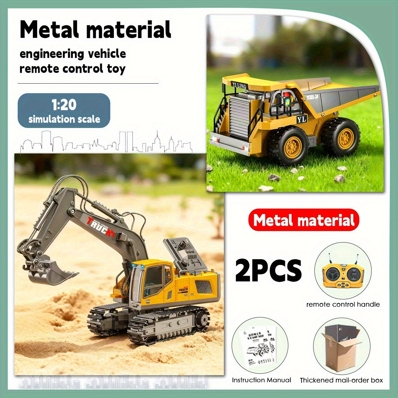 Remote Control Excavator Toy Set with Metal Shovel LED Lights 1200mAh Battery RC Construction Truck Bulldozer Dump Truck Loader Combo for Boys Ages 6 and Up Birthday Christmas Gift