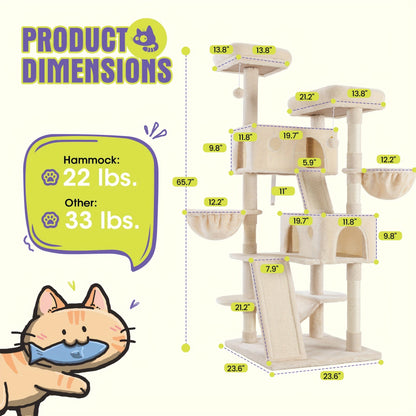 WEEWAY Corner Cat Tree Tower for Indoor Cats 36–81 Inch – Multi-Level Cat Furniture with Sisal Scratching Posts, Condo Cave, Hammock, Ramps, Plush Perches, Basket & Pompom Toys, Perfect Cat Gift