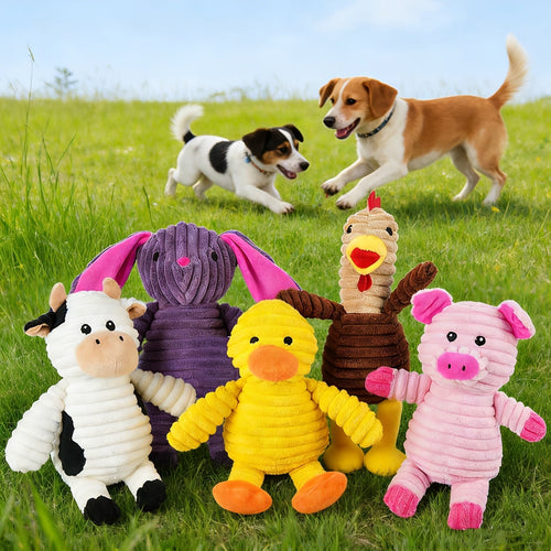 Plush Dog Squeaky Toys 5-Pack Bundle – Washable Stuffed Animal Chew Toys for Small Medium Large Dogs, Embroidered Safety Eyes, Animal Designs (Pig, Frog, Elephant, Chicken, Fox)