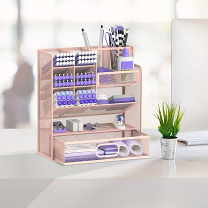 Mesh Desk Organizer with Drawer & Pen Holder – Pencil Cup Storage for Office, School & Art Studio, Breathable Mesh Design, Available in Black, Yellow & Blue