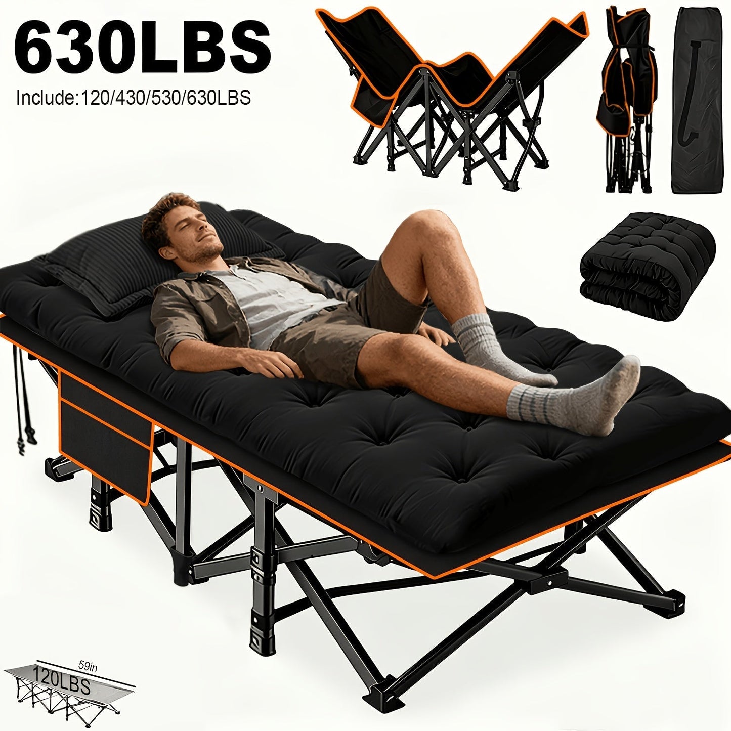 Heavy Duty Folding Bed with Optional Mattress up to 630 LBS – Portable Camping Cot with Multi-Leg Support, Side Pockets & Pillow, 59–77 Inch All Season Guest Napping Bed Space Saving