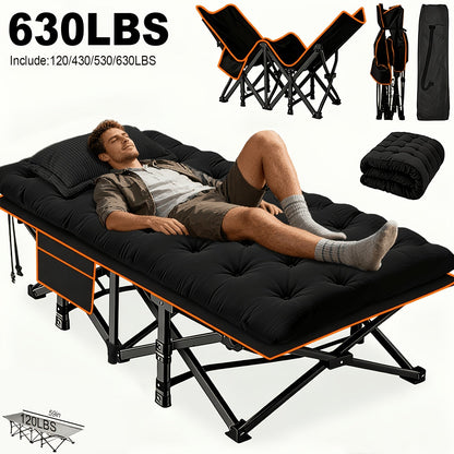 Heavy Duty Folding Bed with Optional Mattress up to 630 LBS – Portable Camping Cot with Multi-Leg Support, Side Pockets & Pillow, 59–77 Inch All Season Guest Napping Bed Space Saving