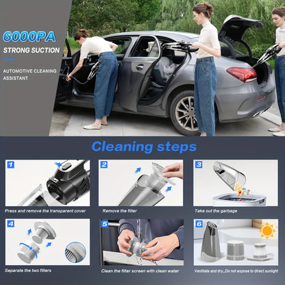 Handheld Car Vacuum Cleaner 6000PA 2000mAh Rechargeable 40dB Low Noise 5 Accessories for Car Home Pet Hair Pink