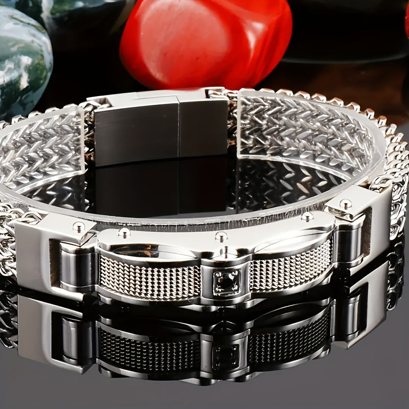 Men's Stainless Steel Hip Hop Motorcycle Chain Bracelet Punk Rock Magnetic Clasp Synthetic Gems Biker Jewelry for Nightclub Party Wedding