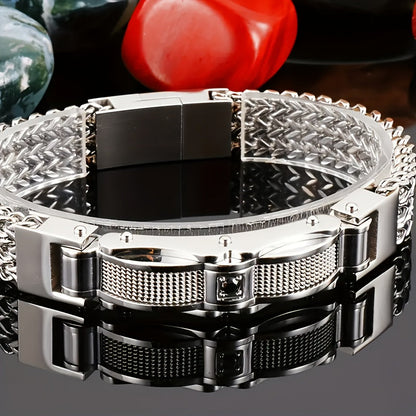 Men's Stainless Steel Hip Hop Motorcycle Chain Bracelet Punk Rock Magnetic Clasp Synthetic Gems Biker Jewelry for Nightclub Party Wedding