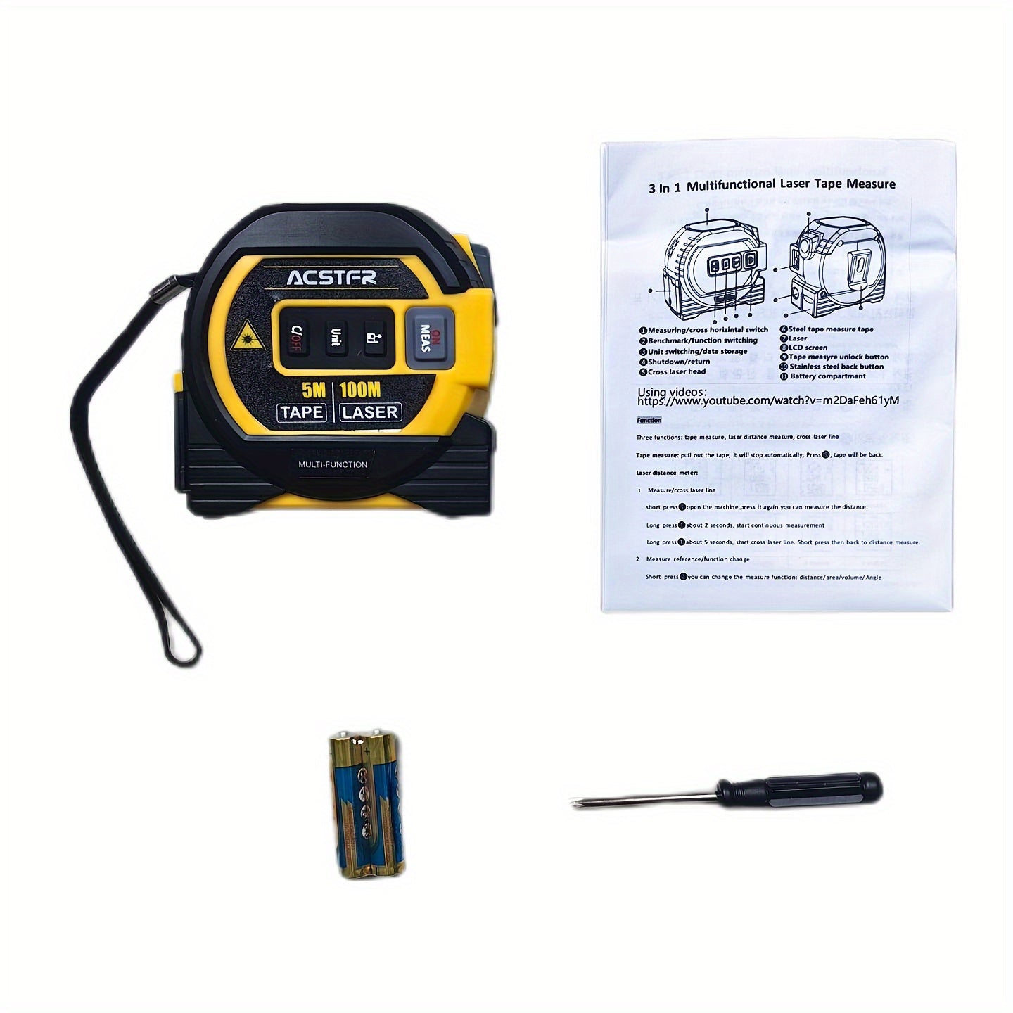 3-in-1 Laser Tape Measure with Digital Rangefinder & Steel Tape – High Precision Cross Laser Measuring Tool, Color Screen, Voice Broadcast, 2 AAA Batteries Included, for Construction, DIY & Home Use