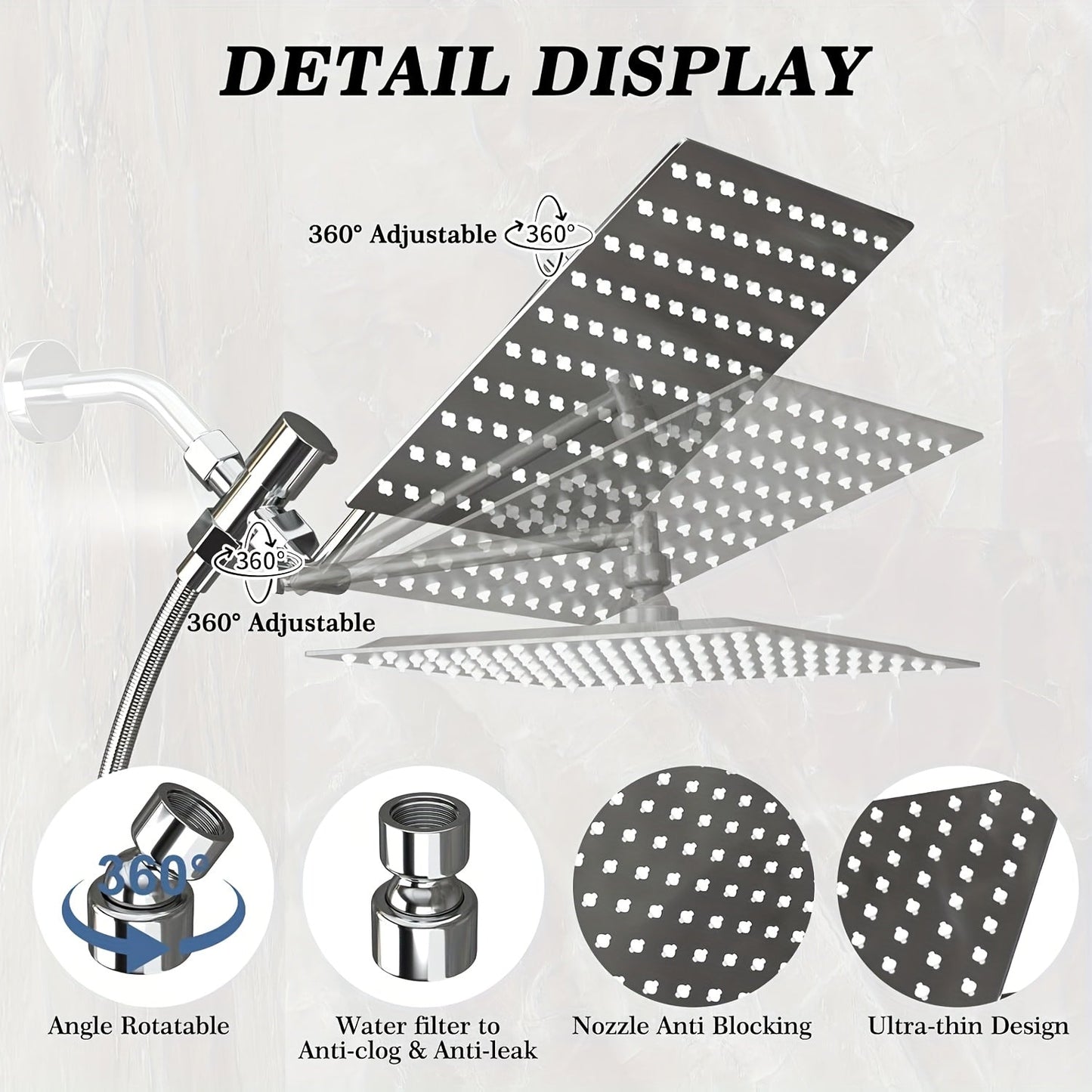 High Pressure Rainfall Handheld Shower Head Combo 11-Inch Extension Arm 9 Settings Anti-Leak Height Adjustable Chrome Matte Black