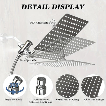 High Pressure Rainfall Handheld Shower Head Combo 11-Inch Extension Arm 9 Settings Anti-Leak Height Adjustable Chrome Matte Black