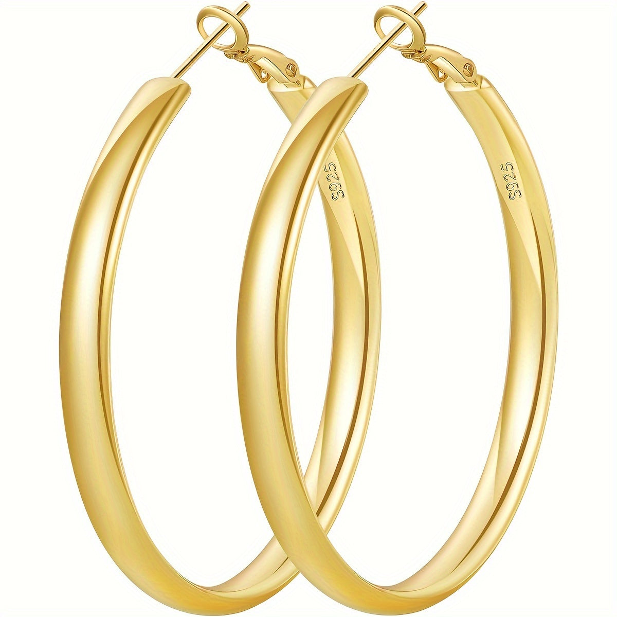 Women's 925 Sterling Silver Hoop Earrings – Hypoallergenic Round Thick Hoop, Gold & Silver, 5 Sizes 40mm–70mm, French Style Daily & Party Jewelry