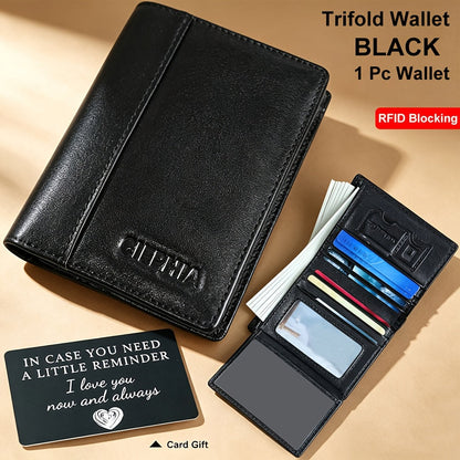 RFID Blocking Genuine Leather Wallet for Men Trifold Cowhide Vintage Credit Card Holder 2 ID Windows Money Clip Cash Slots Father's Day Gift for Dad Husband