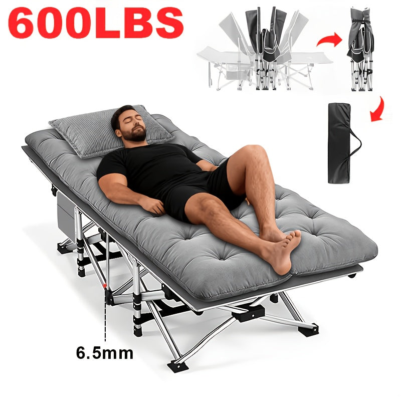 Heavy Duty Folding Camping Cot up to 700LBS – Extra Large 59"/75" Thickened Folding Bed with Mattress, Ergonomic Sturdy Frame, Portable Guest Bed & Patio Sofa for Camping, Hiking & Home Use – Black & Gray