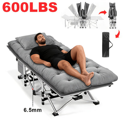 Heavy Duty Folding Camping Cot up to 700LBS – Extra Large 59"/75" Thickened Folding Bed with Mattress, Ergonomic Sturdy Frame, Portable Guest Bed & Patio Sofa for Camping, Hiking & Home Use – Black & Gray