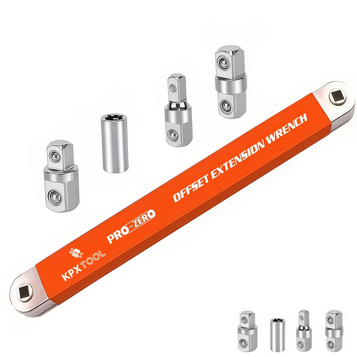 2-in-1 Ratchet Offset Extension Wrench 180° Swivel – 1/2", 1/4" & 3/8" Square Drive Adapters, High Torque Non-Slip Handle, Durable Metal for Automotive Repair, Tight Spaces & DIY Hand Tool Work