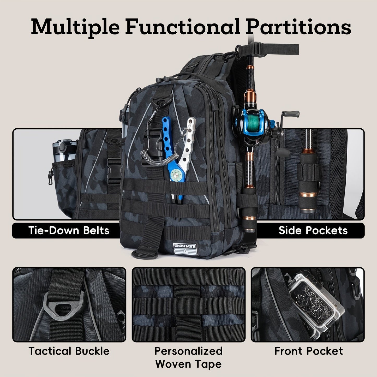 Fishing Backpack Tackle Sling Bag with Rod Holder – Waterproof Hiking Daypack Fly Fishing Bag for Men Women, Tackle Box Storage, Gift for Fisherman Dad