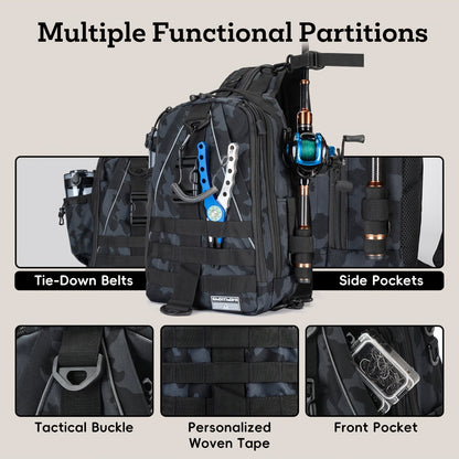 Fishing Backpack Tackle Sling Bag with Rod Holder – Waterproof Hiking Daypack Fly Fishing Bag for Men Women, Tackle Box Storage, Gift for Fisherman Dad