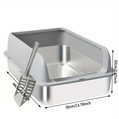 Stainless Steel Cat Litter Box High Sides Anti-Leakage Metal Litter Pan with Scoop Sifting Tray Rust-Proof Odor-Resistant Non-Stick Easy Clean Indoor Cat Toilet Medium Large Cats