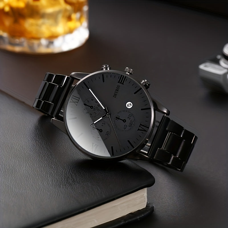 3pcs Men's Retro Stainless Steel Quartz Watch Set with Date Calendar – Round Analog & Digital Dual Display, Casual Dress Watches, Perfect Gift for Christmas, Valentine's Day & Birthdays