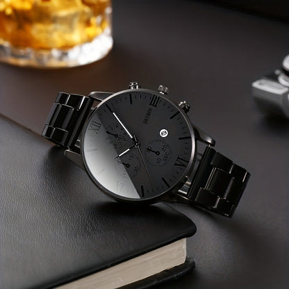 3pcs Men's Retro Stainless Steel Quartz Watch Set with Date Calendar – Round Analog & Digital Dual Display, Casual Dress Watches, Perfect Gift for Christmas, Valentine's Day & Birthdays