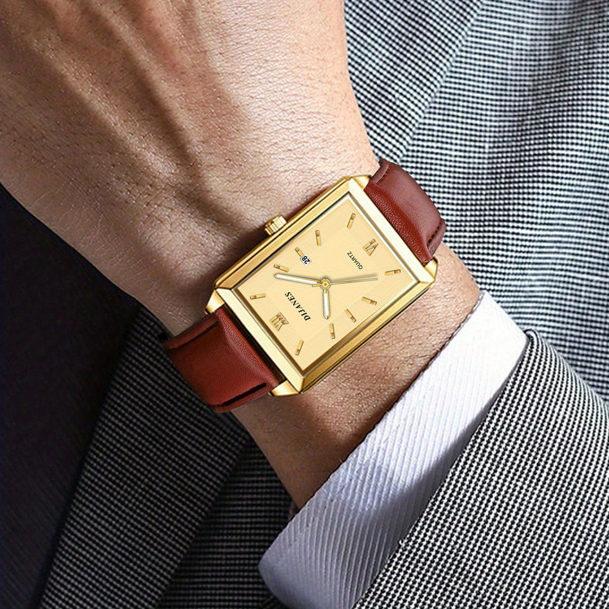 Men's Retro Square Watch with Date Calendar – Quartz Analog Display Vintage Square Face Business Casual Wristwatch for Men Gold Black Elegant Gift