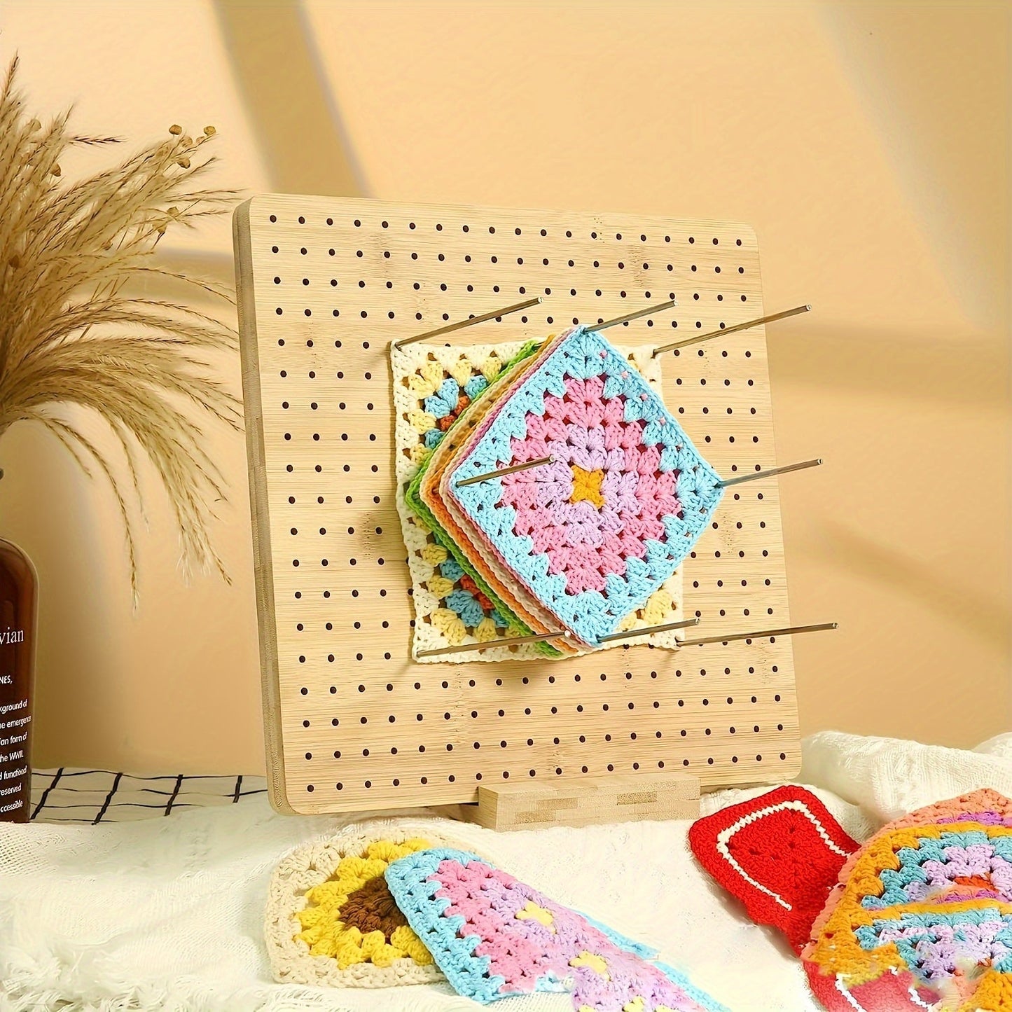 Wooden Crochet Blocking Board Set with 20 Steel Pins and Base Reusable Knitting Blocking Kit for Shaping Lace Shawls Sweaters Beginner Knitting Art Supplies
