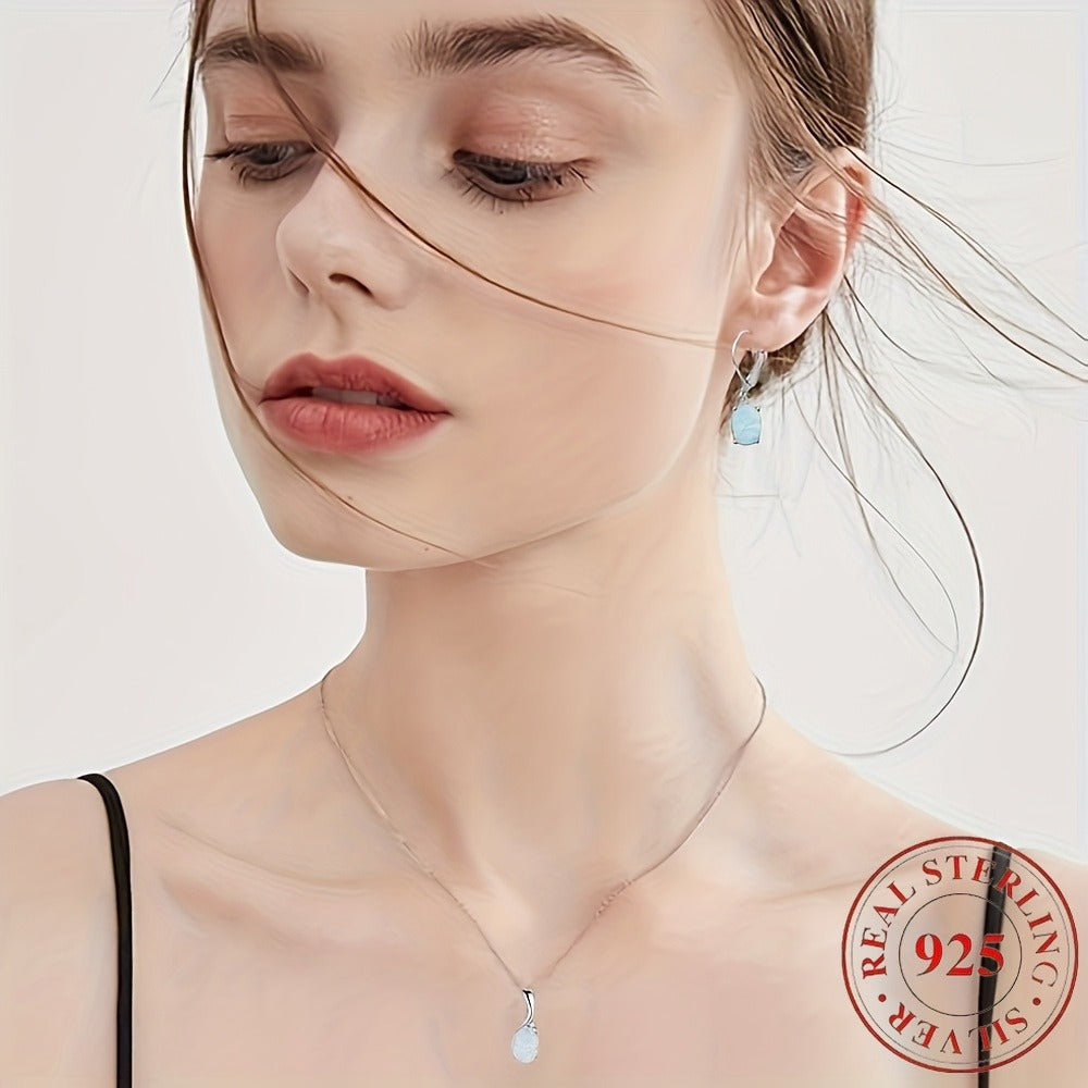 925 Sterling Silver Water Drop Opal Jewelry Set for Women – 4 Piece Necklace Earrings and Ring Set, Elegant Opal Pendant Fashion Jewelry Gift for Party Daily Wear Birthday Anniversary