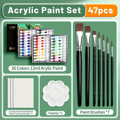 Acrylic Paint Set 36 Colors with 7 Brushes Palette 3 Blank Canvases for Canvas Rock Wood Wall Ceramic Art Adults Students Hobby Birthday Easter Gift