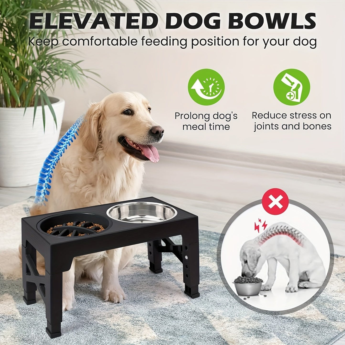 Adjustable Elevated Dog Bowl Stand with 3-Bowl Set – 5 Heights 3.2–12.2 Inch, 2 Stainless Steel Bowls + Slow Feeder Bowl for Small Medium Large Dogs, Raised Feeder in Black or Gray