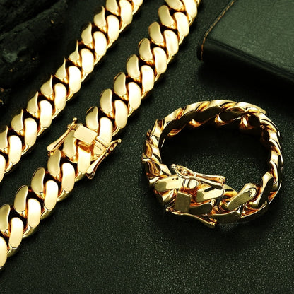 18K Gold Plated Cuban Link Chain Necklace and Bracelet Set for Men 14mm Thick Stainless Steel Hip Hop Jewelry Set with Buckle Clasp Sizes 16-30 Inch Gift for Him