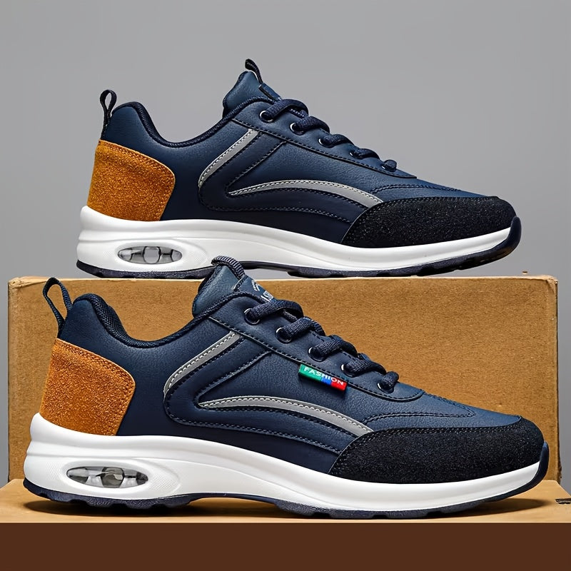 Men's Fashion Sneakers Lace-Up – Non-Slip Soft Sole Casual Running Shoes, PU Upper, Comfortable Lining, Lightweight for Outdoor Sports, Walking & Everyday Wear – Available in Blue, Black & White