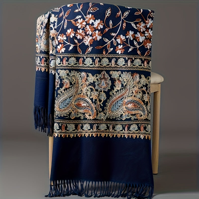 Women's Bohemian Cashmere Shawl Scarf – Vintage Paisley Embroidery with Tassel Trim, Lightweight Warm Wrap for Spring & Fall, 6 Colors, Hand Washable Casual & Dressy Outfits