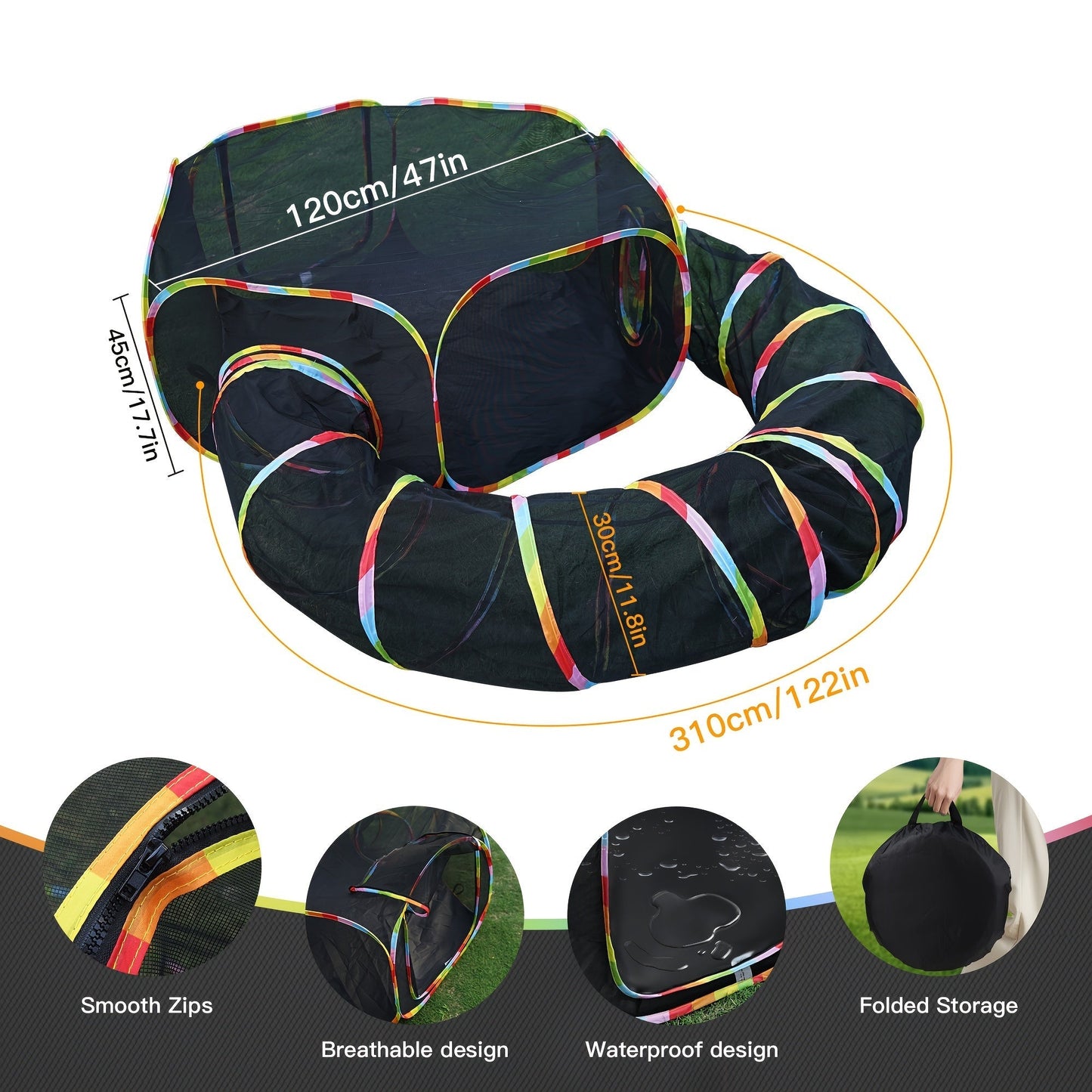 Rainbow Cat Playpen Outdoor Cat Enclosure with Circle Tunnel and Portable Pop-Up Tent, Foldable Cat Playground for Cats Kittens and Small Animals Indoor Outdoor Use