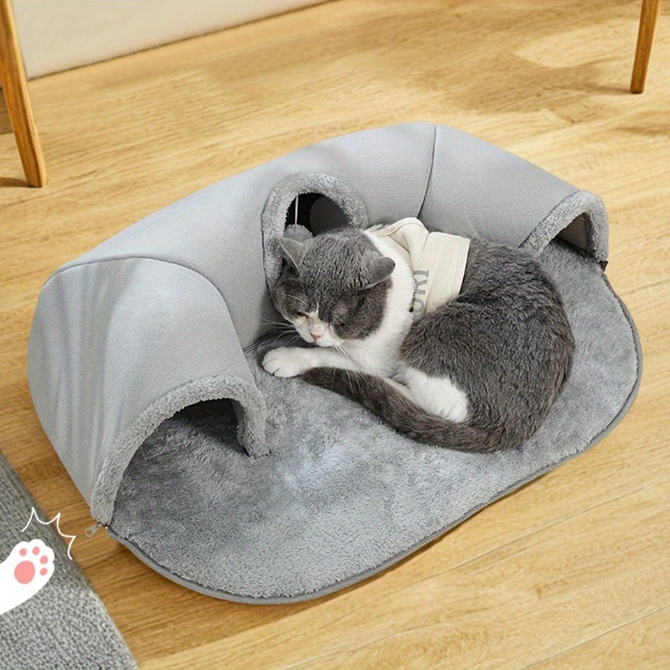 Cat Tunnel Bed with Memory Foam, Hanging Ball & Free Drool Bib – Detachable Plush Cat Condo Lounge, Machine Washable Pet Nest for Multi-Cat Households, Small to Medium Cats – Velora