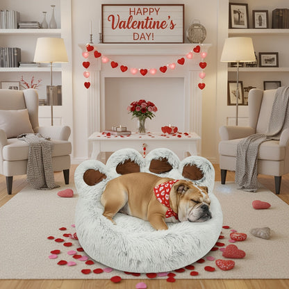 Bear Paw Shaped Donut Dog Bed & Cat Bed – Calming Warm Soft Plush Round Pet Mattress with Bonus Pet Scarf S M L XL 2XL Coffee Pink Grey Brown for Small Medium Large Dogs Cats