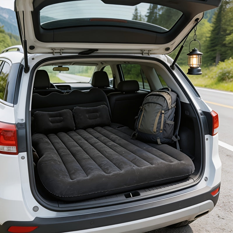 Car Inflatable Bed for SUV Sedan Soft Flocked Rear Seat Air Mattress Foldable Portable Sleeping Mat for Camping Road Trips Picnics – Includes Air Pump & Storage Bag, Black Grey Beige Pink