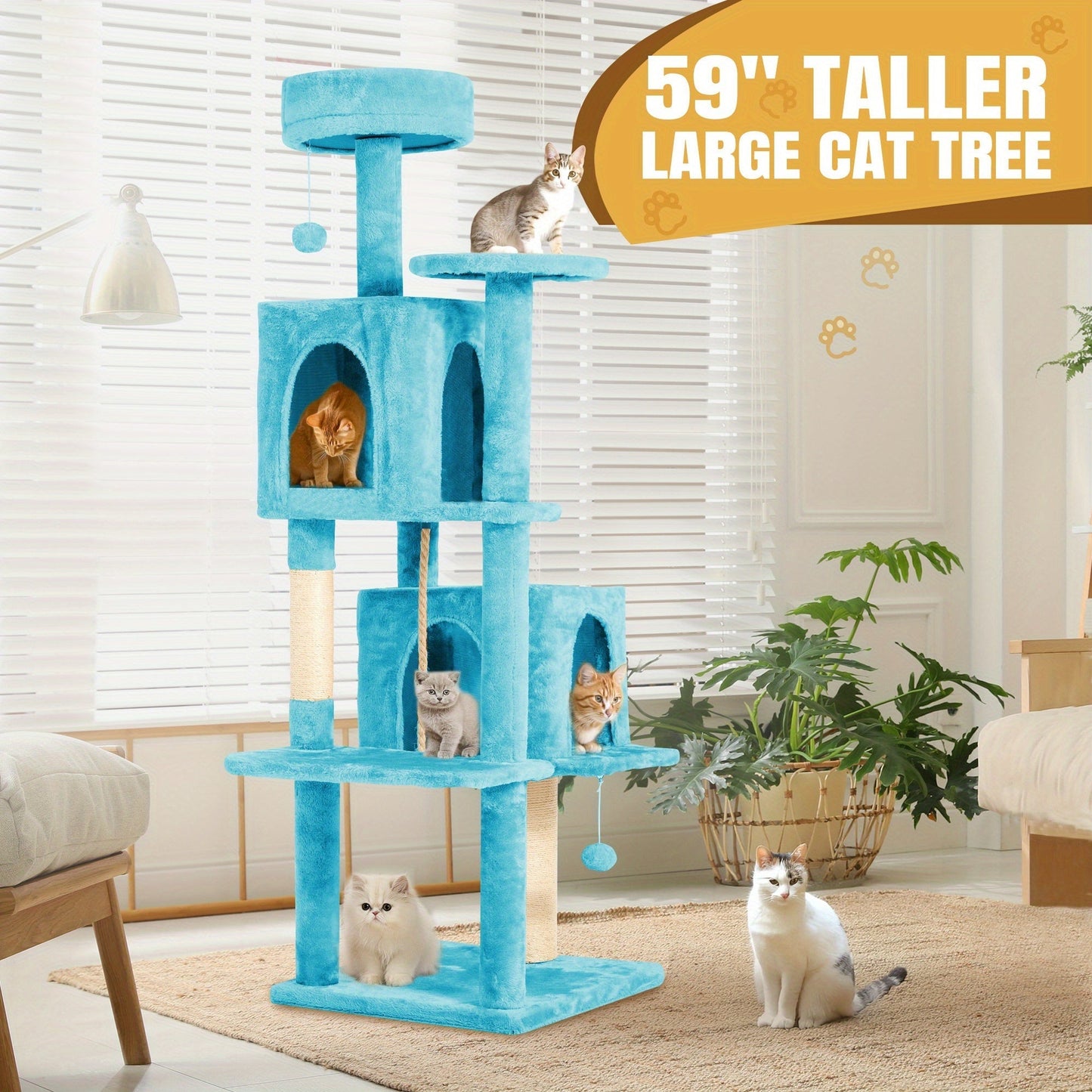 59" Multi-Level Cat Tower for Indoor Cats – Large Cat Tree with Plush Resting Area, Sisal Scratching Post & Hanging Ball Toy – Ideal for Bedroom, Living Room & Multi-Cat Households – Velora