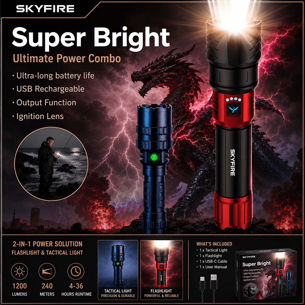 SKYFIRE 5000 Lumen LED Flashlight Rechargeable with Ignition Lens, Adjustable Focus & 4 Modes – Super Bright High Lumen Tactical Flashlight for Camping, Outdoor, Farm & Emergency Family Use