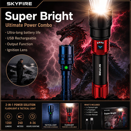 SKYFIRE 5000 Lumen LED Flashlight Rechargeable with Ignition Lens, Adjustable Focus & 4 Modes – Super Bright High Lumen Tactical Flashlight for Camping, Outdoor, Farm & Emergency Family Use