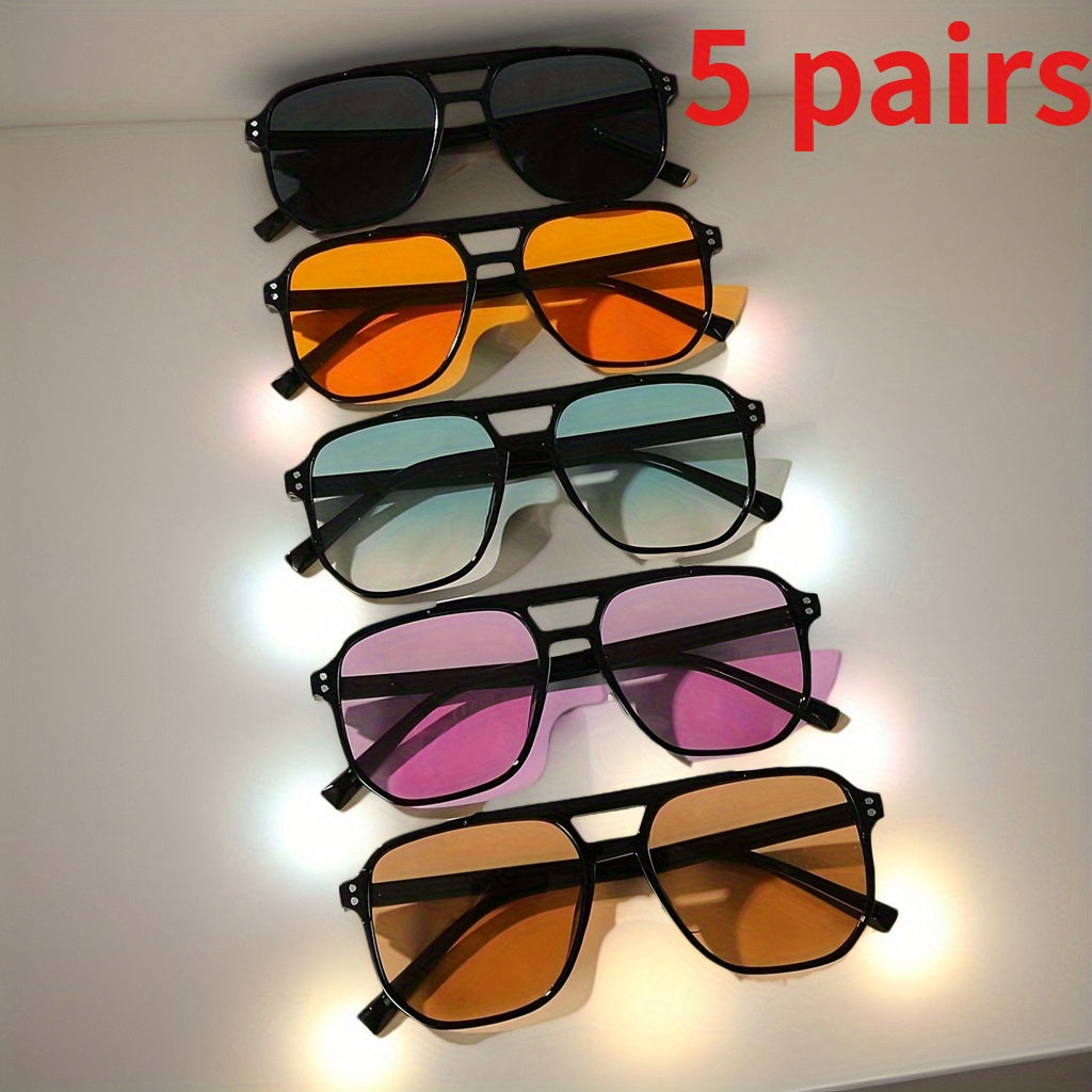 Pilot Square Sunglasses 5pcs Set Large PC Frame UV Protection Unisex Fashion Casual Eyewear for Men and Women Black Frame Multicolor Lenses